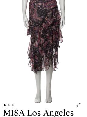 MISA Los Angeles Black and Purple Paisley Asymmetrical Ruffle Skirt
